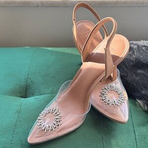 Clear PVC Nude Slingback Heels with Crystal Accent